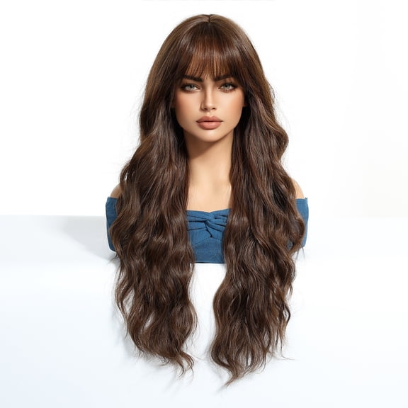 Dark Brown Full Bangs Long Curly Hair Wig for Women - Sea Wave Hairstyle for Everyday Wear Breathable, lightweight