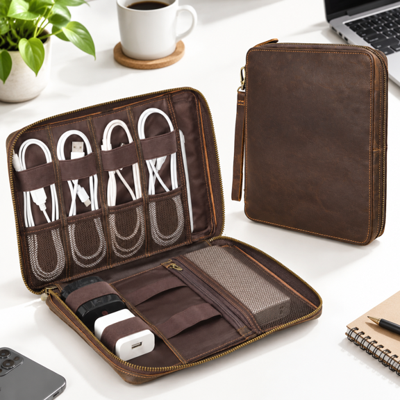 Dark Brown Full Grain Leather Electronics Travel Carrying Case with YKK Zippers