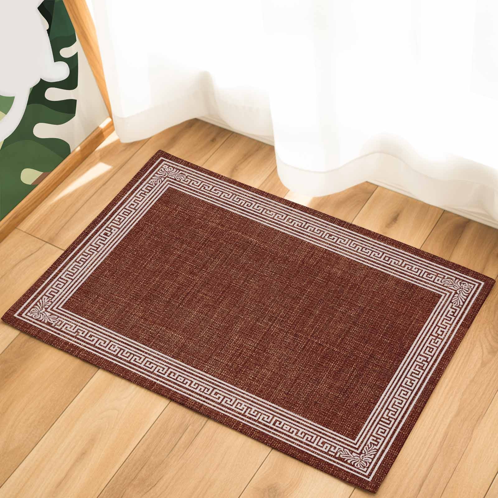 Dark Brown Geometric Indoor Door Mat - 18"x30", Non-Slip Welcome Mat for Outdoor, White Greek Key Design Burlap Modern Art Front Doormat for Entry, Low-Profile Doormat Entrance Rug for Bathroom