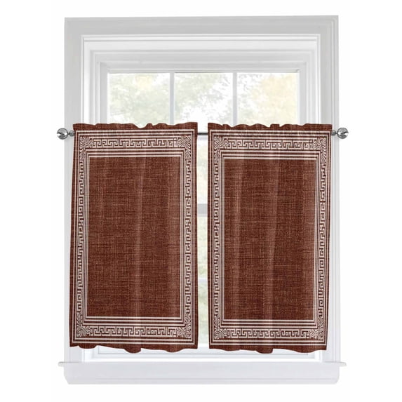 Dark Brown Geometric Kitchen Curtains 54 Inches length, White Greek Key Design Burlap Modern Art Window Treatment Curtain Drapes, Decorative Window Curtains for Bedroom Cafe, 52"x54", 2 Panels