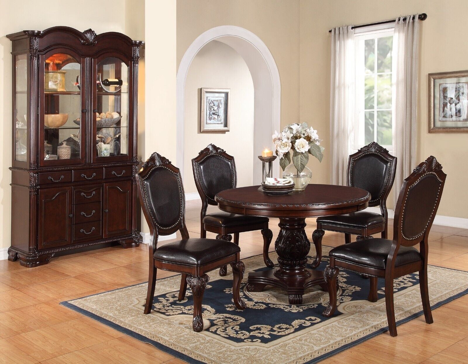 Dark Brown Gorgeous Traditonal Dining Room 5pc Set Round Dining Table ...