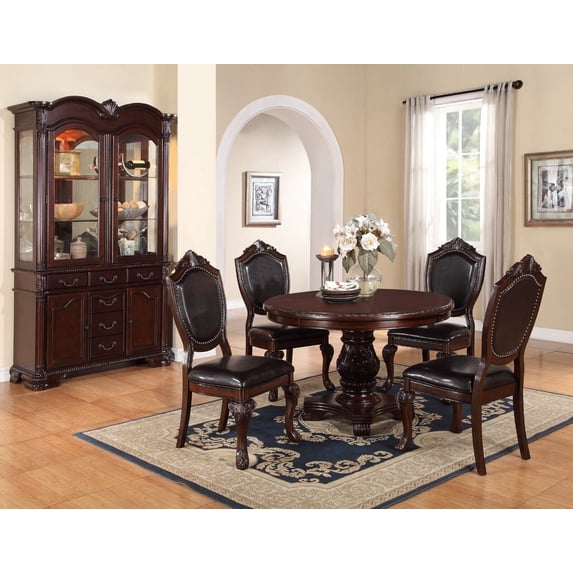 Dark Brown Gorgeous Traditonal Dining Room 5pc Set Round Dining Table 4x Chairs Faux Leather Espresso Finish Formal Kitchen