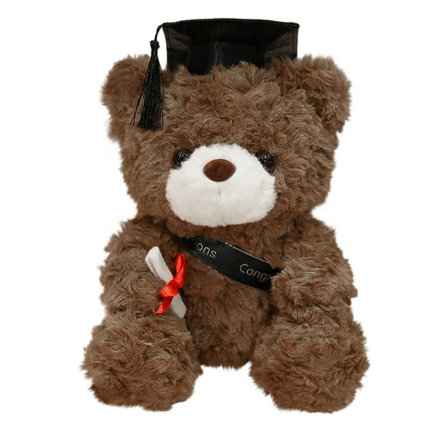Dark Brown Graduation Plush Teddy Bear, 11in Soft Toy with Black Cap, Single Count, Thoughtful Gift for Students' Graduation Ceremonies
