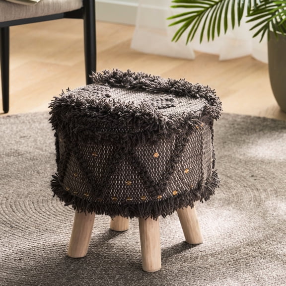 Dark Brown Handcrafted Stool - Mixing Wool & Cotton And Eucalyptus Wood 16.35" H Footrest Crafted With