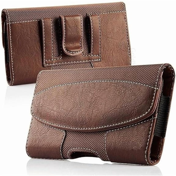 Dark Brown Horizontal Leather Belt Loop Case is Compatible with Cricket Icon 3, Splendor, ATT Motivate 2 with any cover on