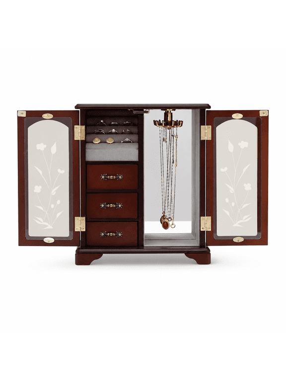 Dark Brown Wooden Jewelry Boxes, Handle Carving Craft Large Jewelry Box with Swivel Hook and Velvet Lining Jewelry Boxes for Women