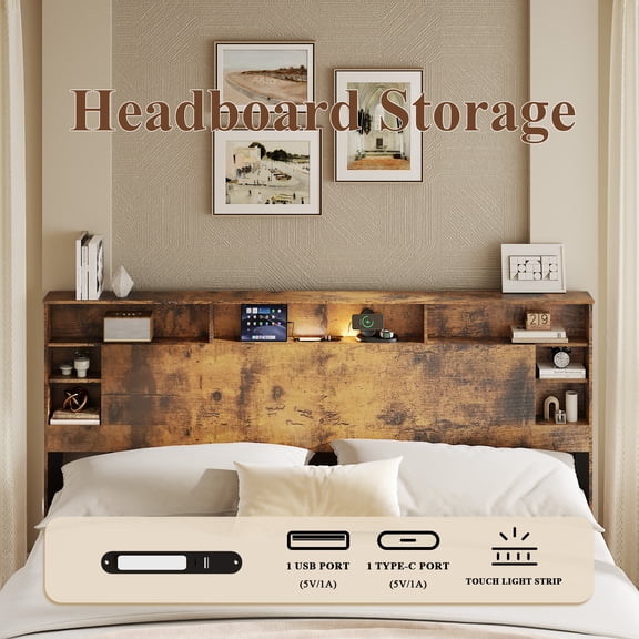 Dark Brown King Size Wood Platform Bed Frame with Storage Headboard, LED Lights & Charging Station