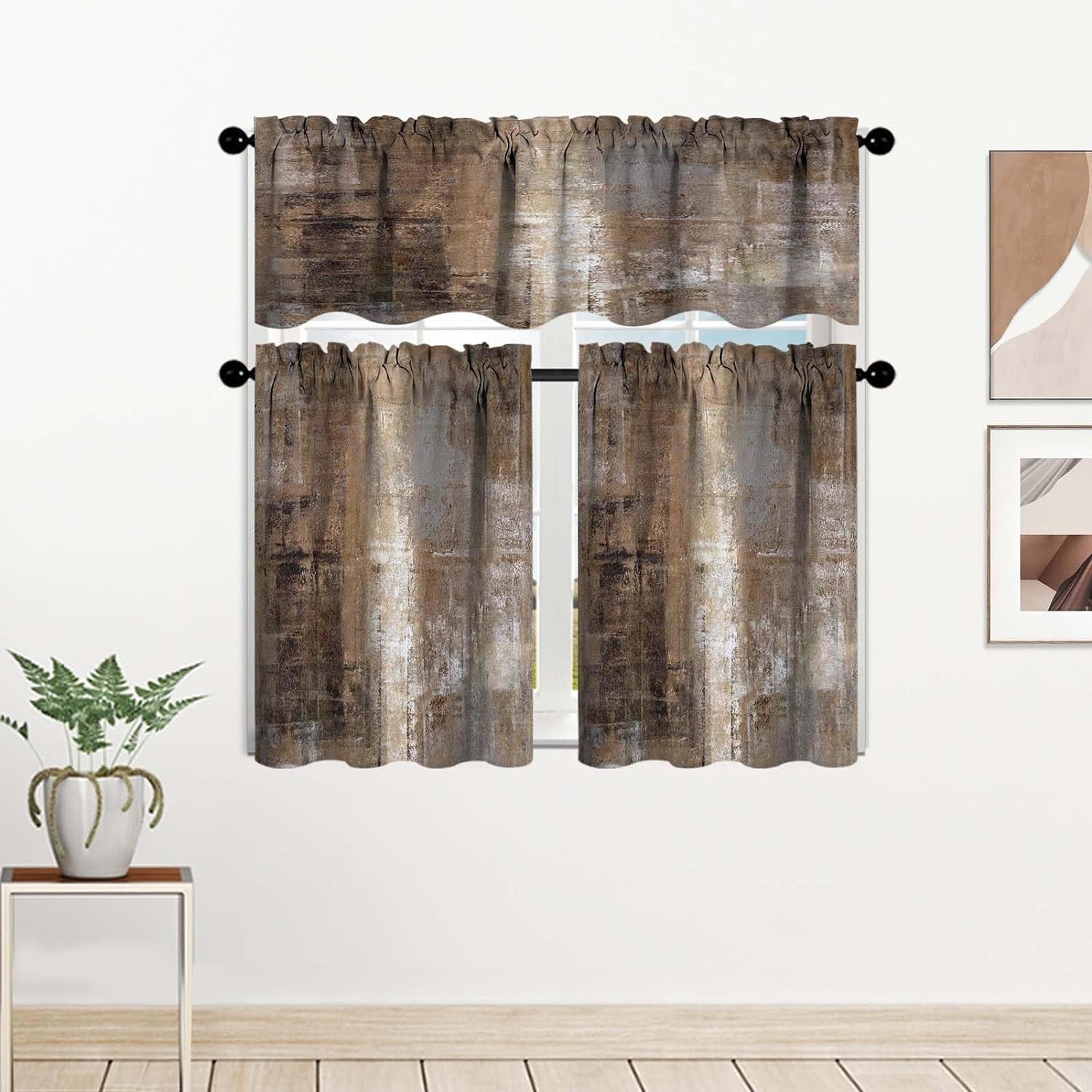 Dark Brown Kitchen Curtain Valance and Tiers, 3Pcs Abstract Art Valance ...
