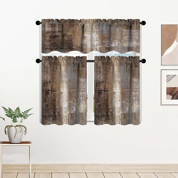 Dark Brown Kitchen Curtain Valance and Tiers, 3Pcs Abstract Art Valance Set Brown Rod Pocket Curtain for Kitchen Window Modern Unique Patterns