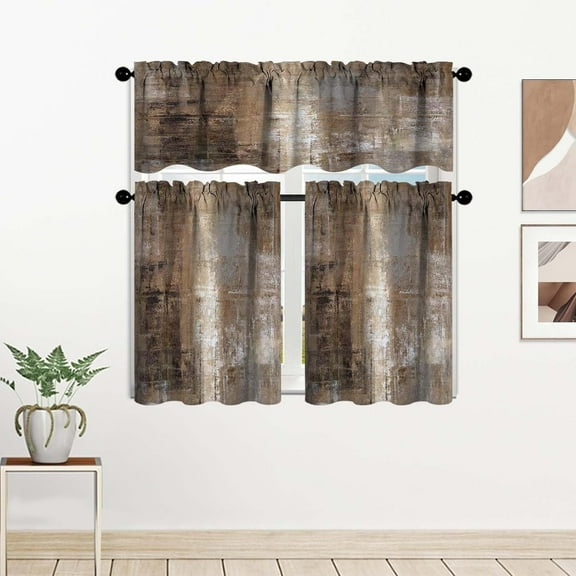 Dark Brown Kitchen Curtain Valance and Tiers, 3Pcs Abstract Art Valance Set Brown Rod Pocket Curtain for Kitchen Window Modern Unique Patterns