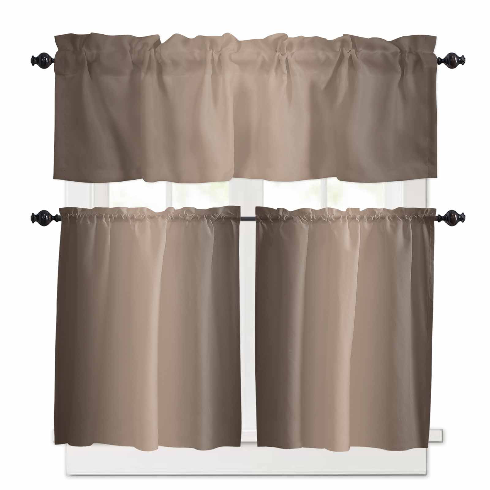 Dark Brown Kitchen Curtains Valance and Tier Set 3 Pieces,Ombre Solid ...