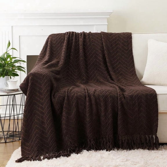Dark Brown Knitted Chevron Throw Blanket With Fringe For Sofa Bed Home Decor