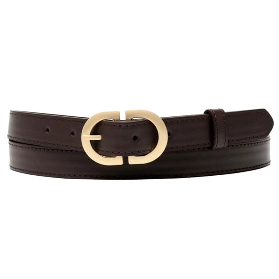 Dark Brown Ladies Designer Style Stitch Leather Belt Gold Belt Buckle