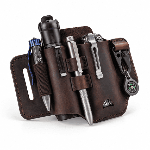Dark Brown Leather Multitool Sheath EDC Belt Organizer with Keychain Clip