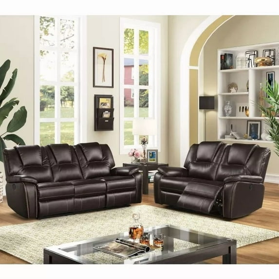Dark Brown Leather Power Reclining 2PC Sofa Set with USB Port, Modern Living Room Sofa Furniture Set