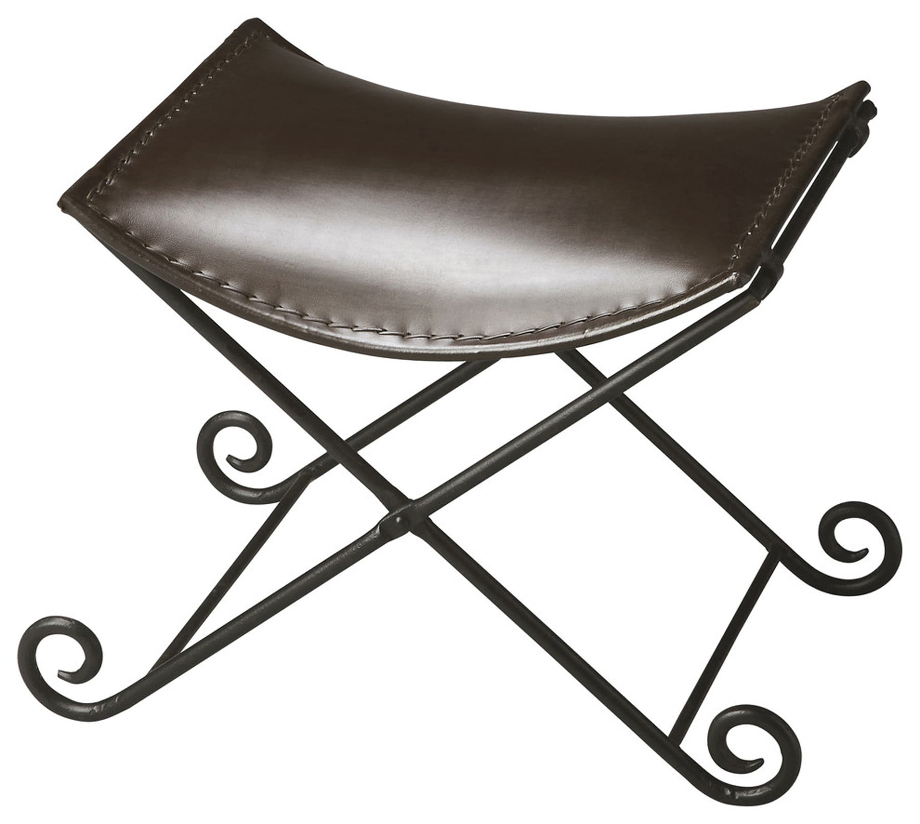 Transitional Dark Brown Leather & Iron Folding Stool