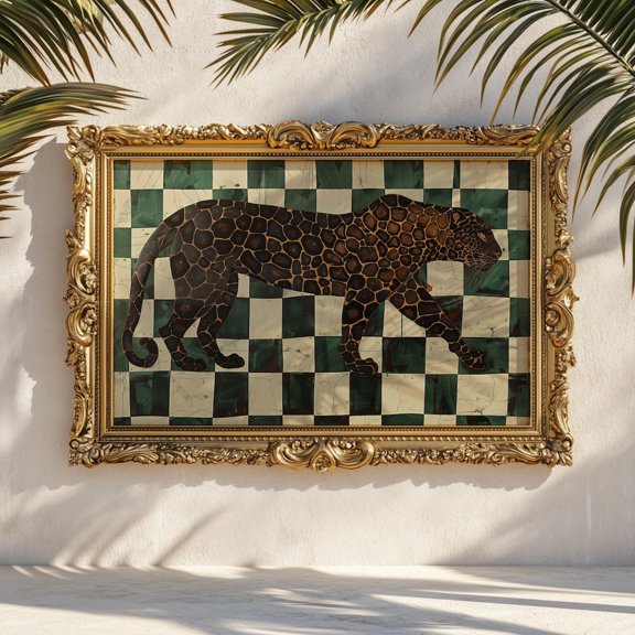 Dark Brown Leopard On Checkerboard Modern Animal Wall Art Neutral Statement Print