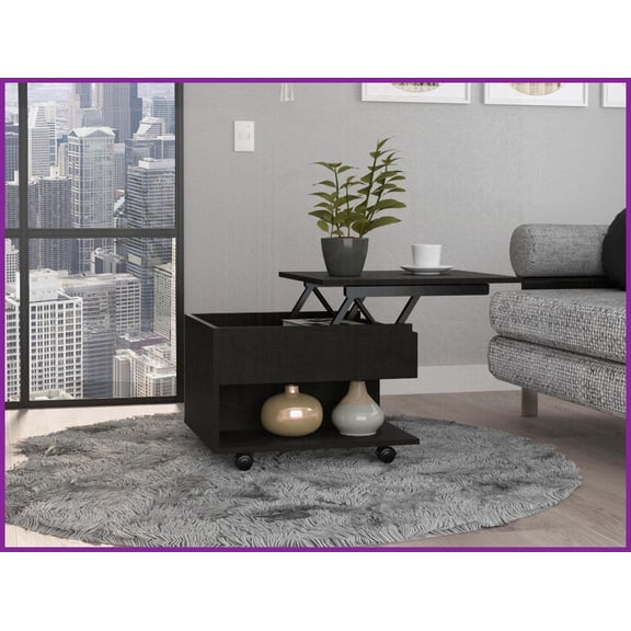 Dark Brown Lift Top Coffee Table with Smart Locking Wheels - Space-Saving Storage for Living Room