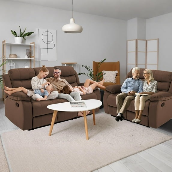 Dark Brown Manual Recliner Sofa Set for Adults, Adjustable Reclining Living Room Couch with Storage Pockets, Dark Grey Home Theater Furniture Loveseat and 3 seater sofa