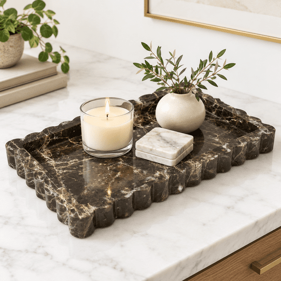 Dark Brown Marble Decorative Tray for Bathroom Vanities and Home Surfaces