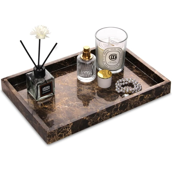 Dark Brown Marble Decorative Vanity Tray, 12" x 8" x 1.2", Polished Rectangular Countertop Tray for Keys, Perfume, Jewelry, and Makeup
