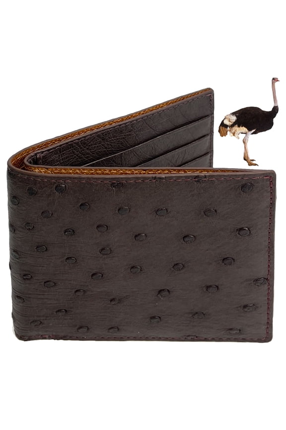 Dark Brown Mens Ostrich Leather Bifold Wallet Double Side RFID Blocking Luxury Large Capacity Credit Card Holder Front Pocket Slim Wallet Gift For Him Handmade Vietnamese VINAMOS-03