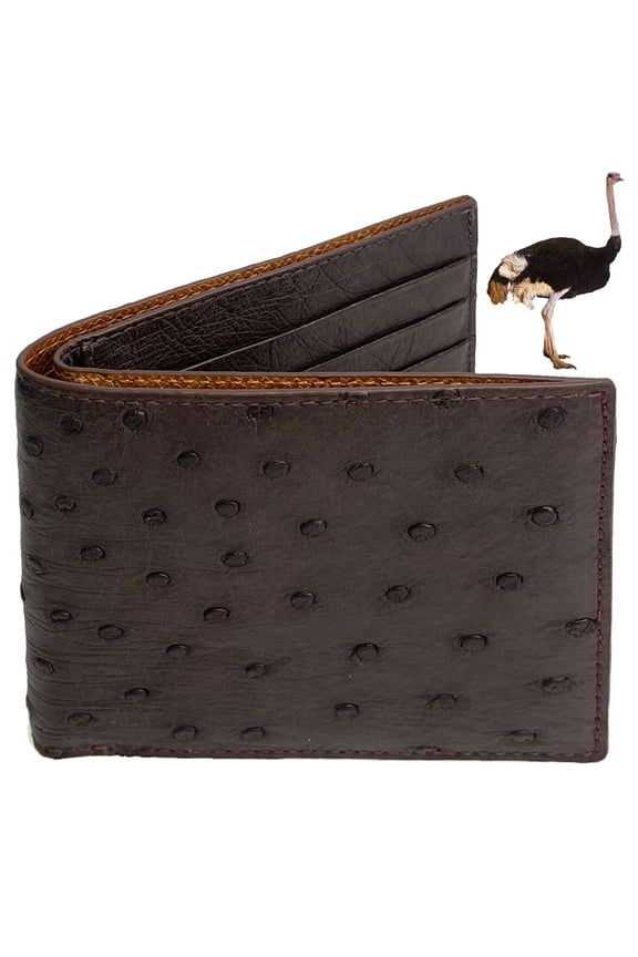 Dark Brown Mens Ostrich Leather Bifold Wallet Double Side RFID Blocking Luxury Large Capacity Credit Card Holder Front Pocket Slim Wallet Gift For Him Handmade Vietnamese VINAMOS-03