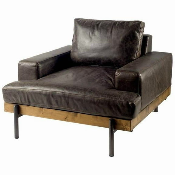 Dark Brown Moroccan Leather Wide Accent Chair with Wood & Black Iron Base