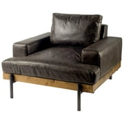 Dark Brown Moroccan Leather Wide Accent chair w/ Wood and Black Iron Base
