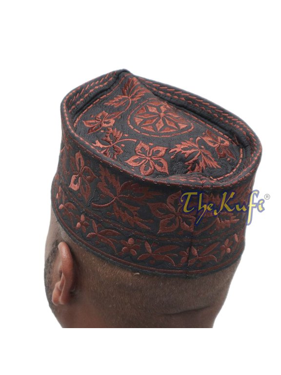 Dark Brown Omani African Yemeni Embroidered Leaf Flower Design Muslim Kufi Hat