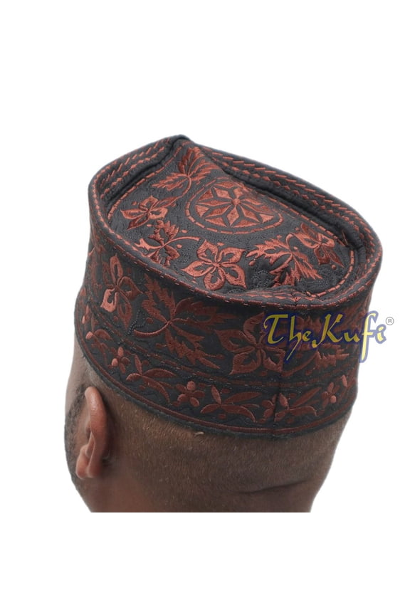 Dark Brown Omani African Yemeni Embroidered Leaf Flower Design Muslim Kufi Hat