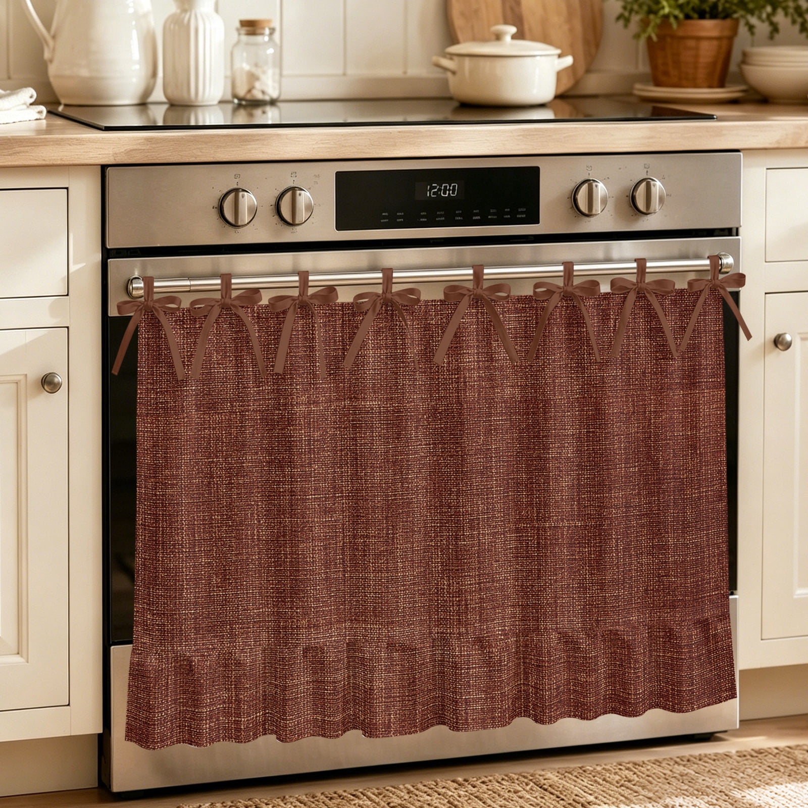 Dark Brown Oven Skirt Curtain, Oven Door Curtain with 8 Ribbon Ties ...