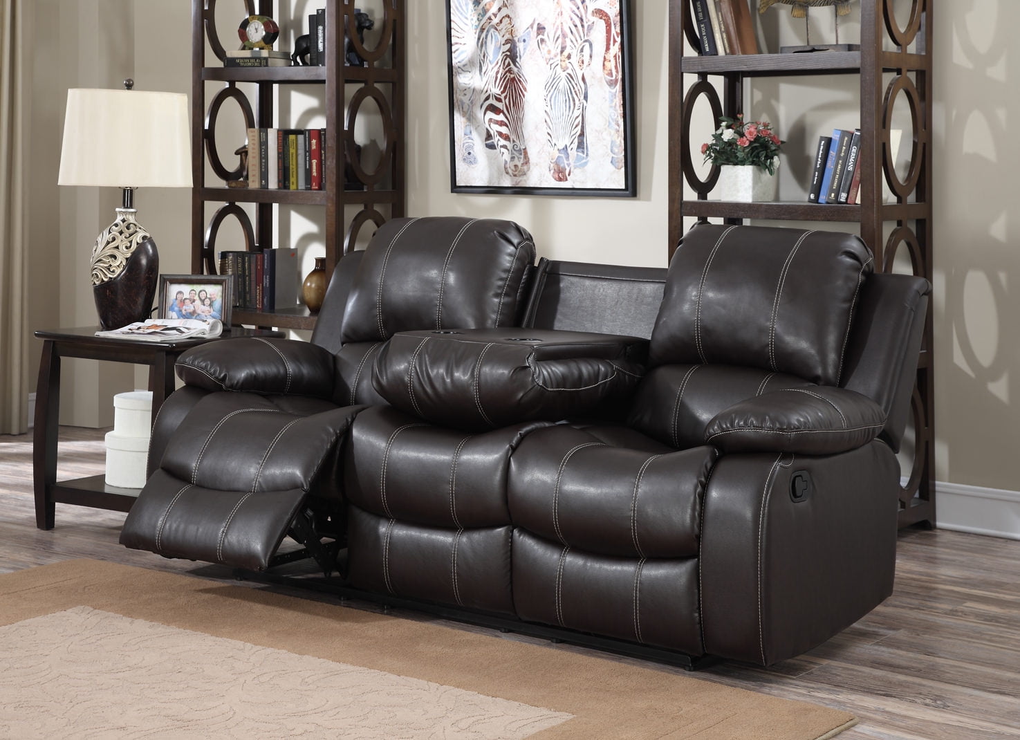 Dark Brown Pu Leather 3 Seat Double Recliner Sofa With Drop Down Table Com