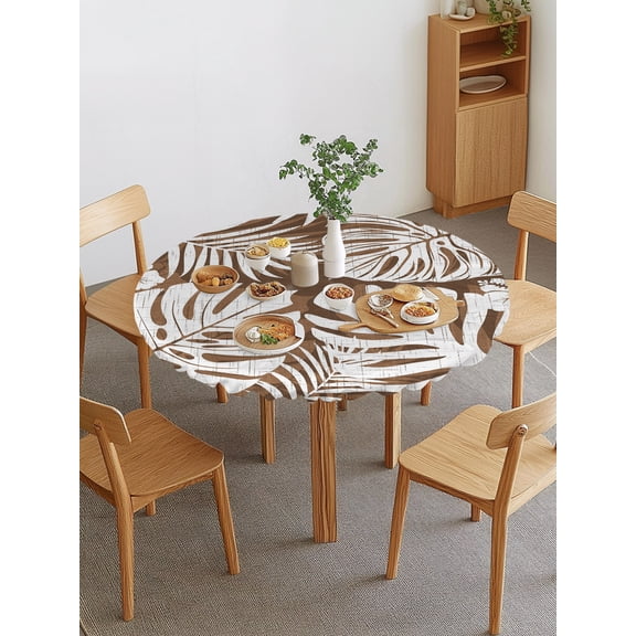 Dark Brown Palm Leaves Round Fitted Tablecloth with Elastic Edge, Monstera Tropical Botanical Modern Minimalist Waterproof Stretch Table Covers for 45"-54" Tables Wipeable Table Cloth for Outdoor