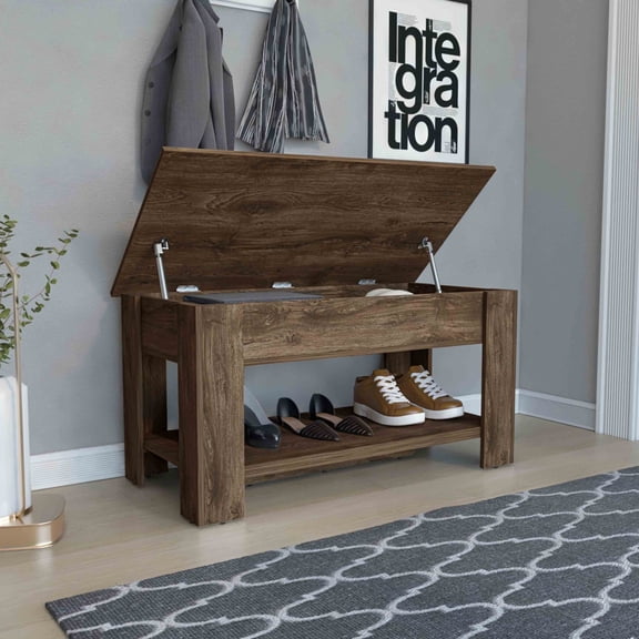 Dark Brown Particle Board Storage Table with Four Legs and Lower Shelf Liftable Top, Metal Hinges, and Shoe Rack