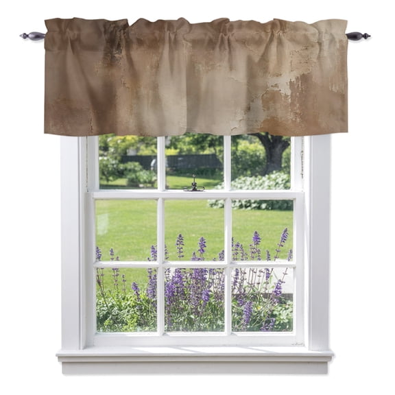 Dark Brown Patches Valance Curtain 1 Panel, Rustic Distressed Beige Abstract Art Print Kitchen Valance with Rod Pocket Window Treatment Short Curtains for Bathroom Bedroom, 42 x 12 Inches