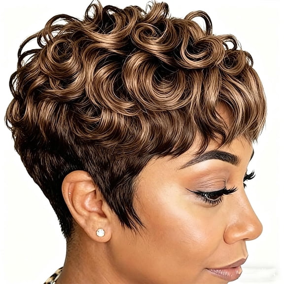 Dark Brown Pixie Cut Wig for Women Short Wigs for Black Women | Pixie Curly Wigs With Bangs (Dark Brown)