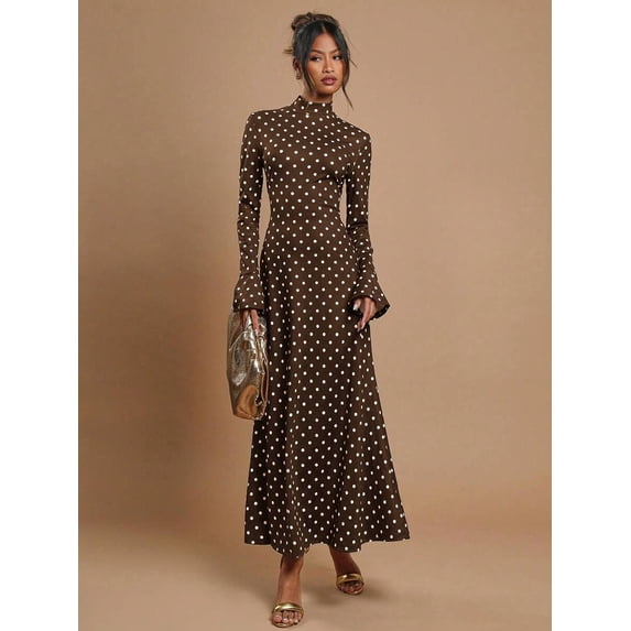 Dark Brown Polka Dot High Neck Flare Sleeve Maxi Dress For Women