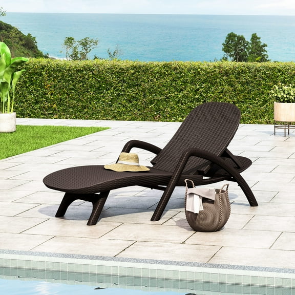 Dark Brown Polypropylene Chaise Lounge - 3d -look Texture, Weather- For Backyard And Patio, Handmade Details, Assembly Required Chair, Resin, Weather