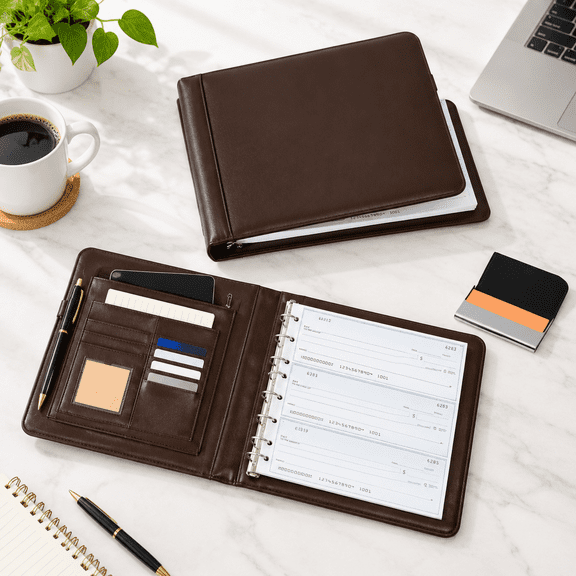 Dark Brown Pu Leather 7 Ring Business Check Binder With 600 Capacity And Extra Card Case