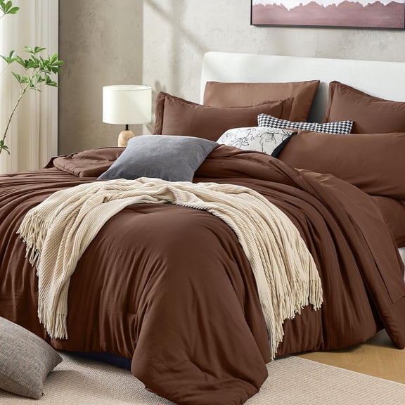 Dark Brown Queen 7-Piece Pre-Washed Crinkled Texture Bed-in-a-Bag Bedding Set