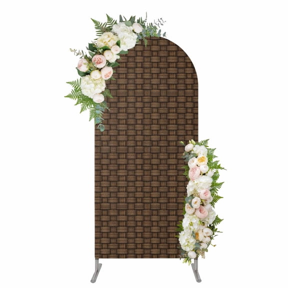 Dark Brown Rattan Arch Backdrop Cover 5FT, Vintage Abstract Wicker Texture Spandex Fitted Stretchy Arch Stand Covers, Round Top Chiara Backdrop Cover for Wedding Party Birthday Baby Shower