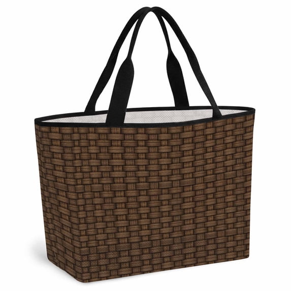 Dark Brown Rattan Beach Bag for Women, Large Breathable Mesh Beach Tote Bag, Vintage Abstract Wicker Texture Sandproof Lightweight Travel Bags for Vacation Picnic Swimming Pool 15.7"x15.7"x9.1"