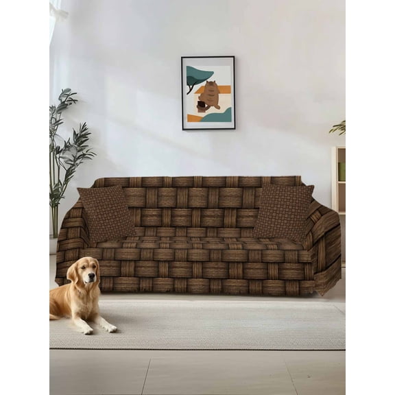 Dark Brown Rattan Couch Cover, Vintage Abstract Wicker Texture Sofa Cover Blanket for Loveseat Couches, Sectional Sofa Slipcover Furniture Protector for Living Room Bedroom 71''x118''