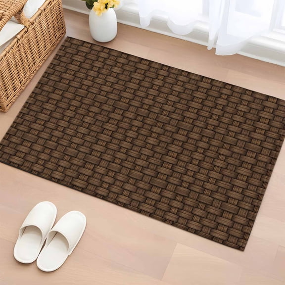 Dark Brown Rattan Entryway Rug 2'x3' Non Slip Front Door Mats, Vintage Abstract Wicker Texture Entrance Rugs Indoor Outdoor Carpet, Washable Floor Mats Small Area Rug for Bedroom Kitchen