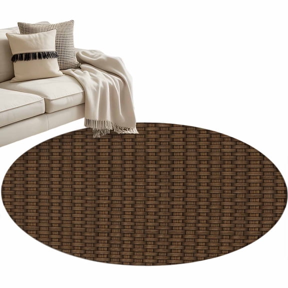 Dark Brown Rattan Large Area Rugs for Bedroom Living Room, Soft Non Slip Carpet Bedside Rug, Vintage Abstract Wicker Texture Round Floor Cover Kitchen Accent Rug 3' for Dining Room/Office