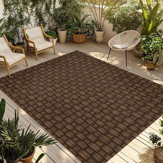 Dark Brown Rattan Outdoor Rug for Patio/Deck/Porch, Non-Slip Large Area Rug 4 x 6 Ft, Vintage Abstract Wicker Texture Indoor Outdoor Rugs Washable Area Rugs, Reversible Camping Rug Carpet Runner
