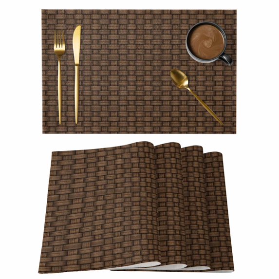 Dark Brown Rattan Placemats Set of 6, Vintage Abstract Wicker Texture Placemats for Dining Table, Place Mats for Kitchen Tabletop, Waterproof Wipeable Dining Table Mats Set
