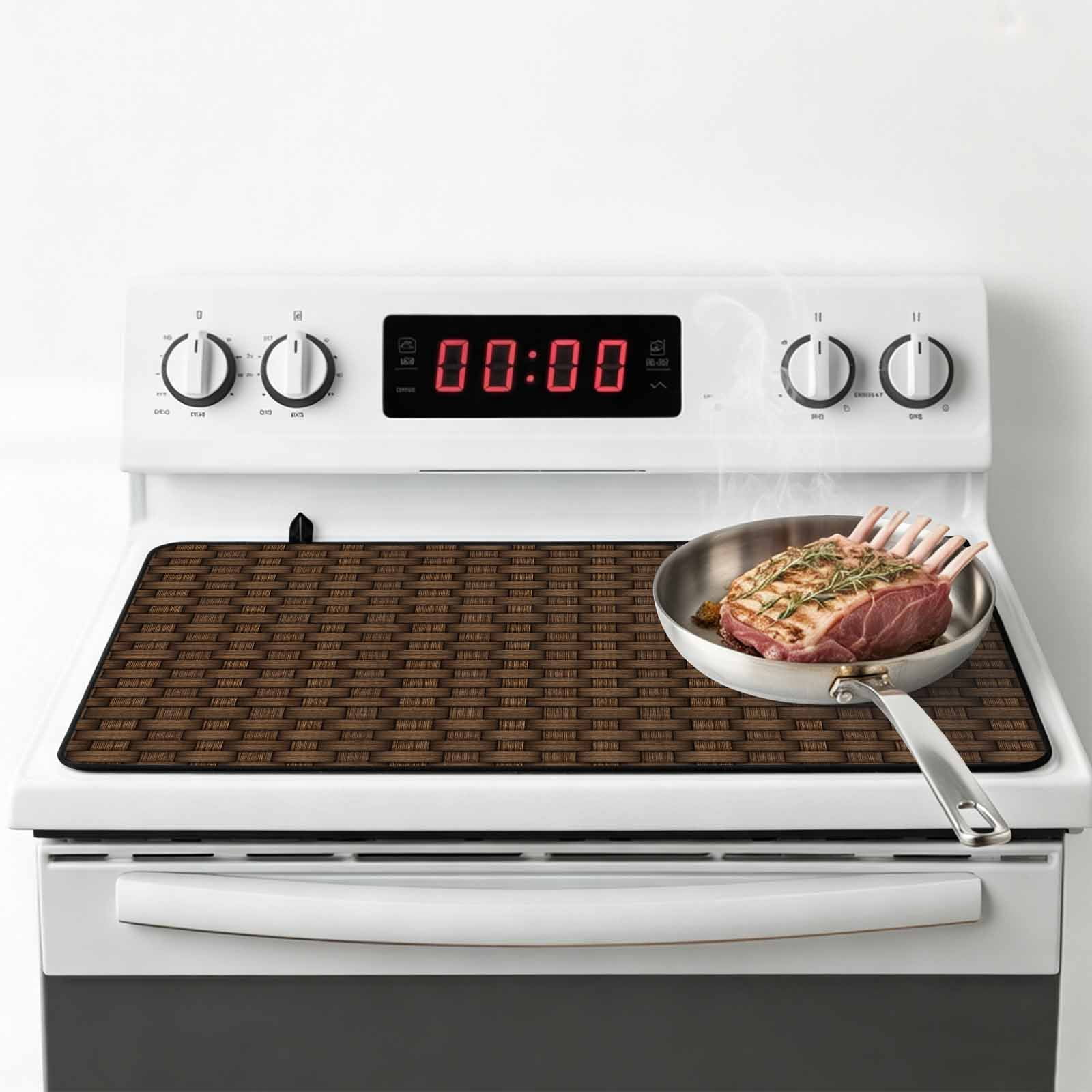 Dark Brown Rattan Stove Top Cover for Electric Stove, Heat-proof & Non Slip Glass Top Stove Cover Protector, Vintage Abstract Wicker Texture Kitchen Flat Cooktop Rubber Mat 24x21 Inches