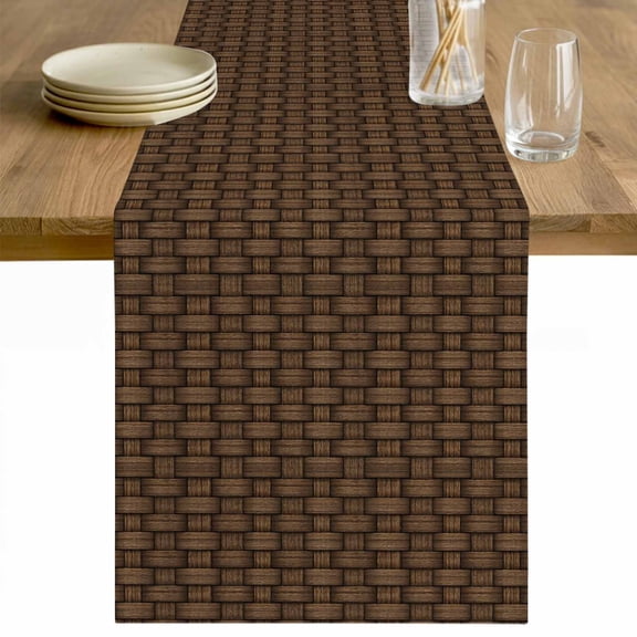 Dark Brown Rattan Table Runner - 36 Inch Long Vintage Abstract Wicker Texture Cotton and Linen Blended Dress Scarves Farmhouse Table Runner for Kitchen Dining, Coffee Table, 13" x 36"